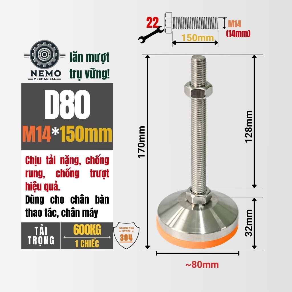 Chân Tăng Chỉnh Inox 304 Ren M14 – Đế Bát Dày Chịu Tải Siêu Nặng 600kg, Chống Ăn Mòn Tuyệt Đối